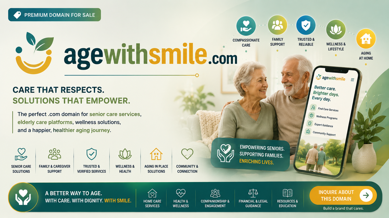 AgeWithSmile.com premium domain banner